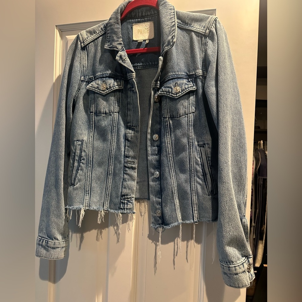 PAIGE Light Blue Denim Jacket with Frayed Hem